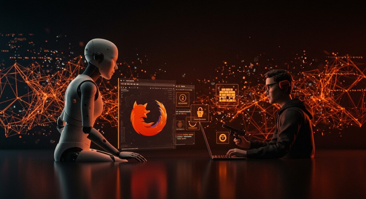 Agente de inteligencia artificial detectando vulnerabilidades en Firefox frente a un experto humano en ciberseguridad, representando la automatización y aplicación de IA en startups tecnológicas.