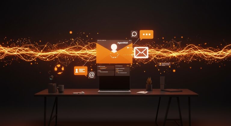 Interfaz digital futurista de API de email para agentes IA con flujos programáticos y búsqueda semántica, destacando infraestructura y automatización para startups.