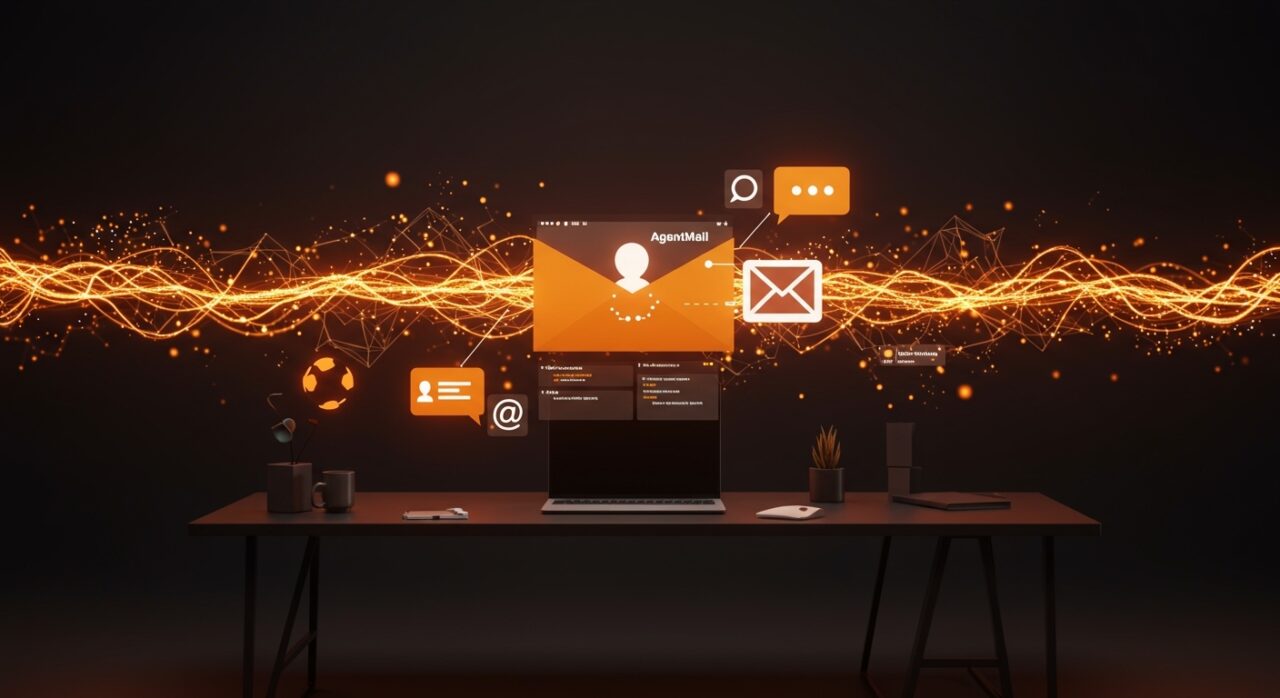 Interfaz digital futurista de API de email para agentes IA con flujos programáticos y búsqueda semántica, destacando infraestructura y automatización para startups.