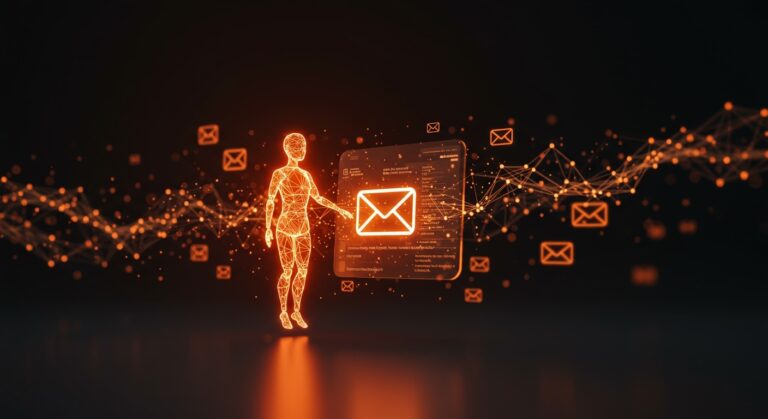 Agente de IA autónomo interactuando con una interfaz de email digital, representando la automatización y la infraestructura de email para agentes de IA financiada por AgentMail.