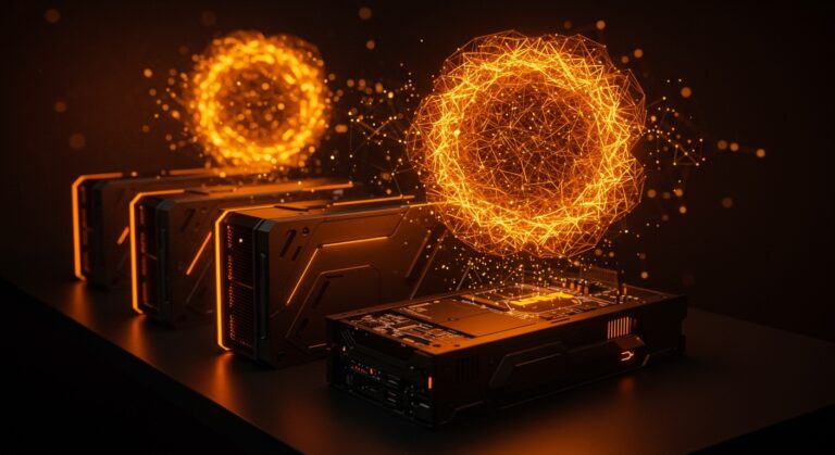 Cluster de GPUs interconectadas ejecutando modelos distribuidos de LLM con escalabilidad y paralelismo en ambiente tecnológico moderno.