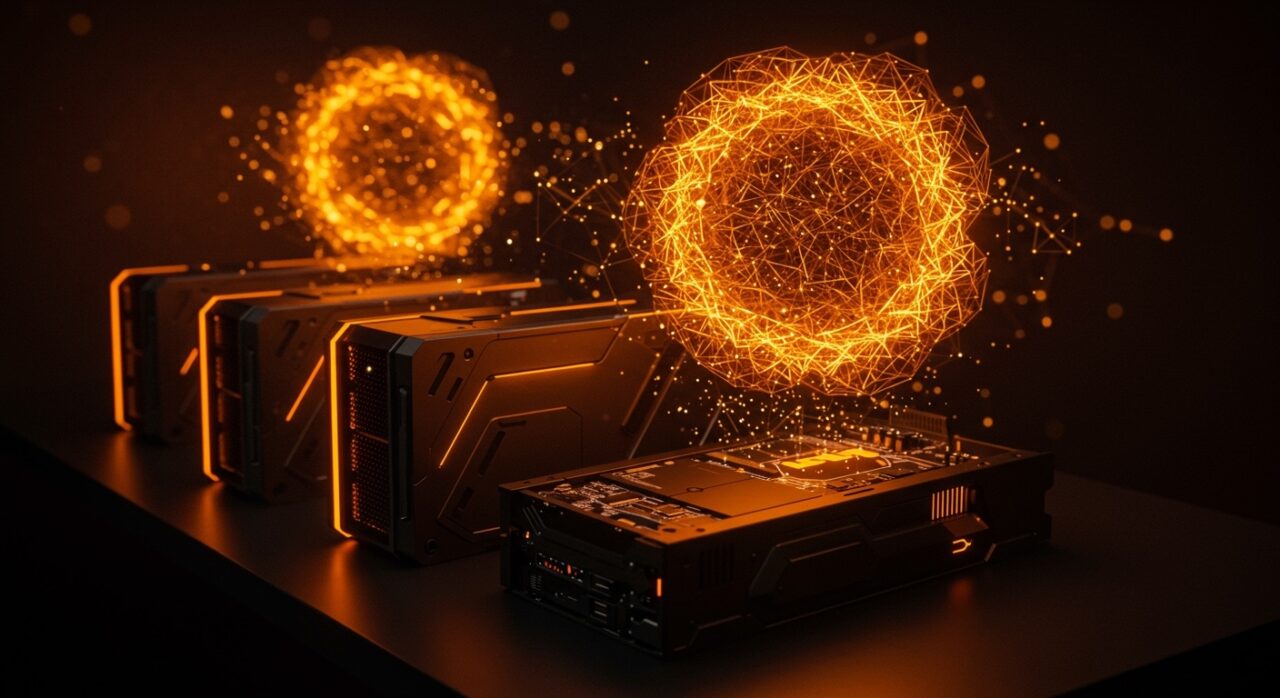 Cluster de GPUs interconectadas ejecutando modelos distribuidos de LLM con escalabilidad y paralelismo en ambiente tecnológico moderno.