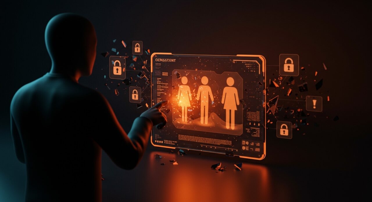 Prohibición de deepfakes sexuales sin consentimiento en la regulación AI Act en Europa destacada con interfaz holográfica y simbolismo de privacidad digital.