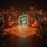 Startups latinoamericanas colaborando sobre una estructura digital de AI Grid que impulsa la infraestructura y sostenibilidad de inteligencia artificial en LATAM.