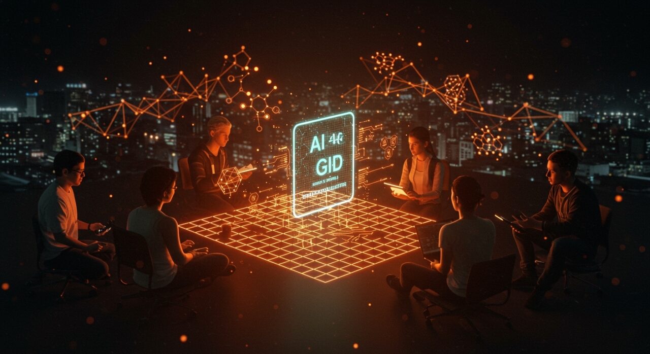 Startups latinoamericanas colaborando sobre una estructura digital de AI Grid que impulsa la infraestructura y sostenibilidad de inteligencia artificial en LATAM.