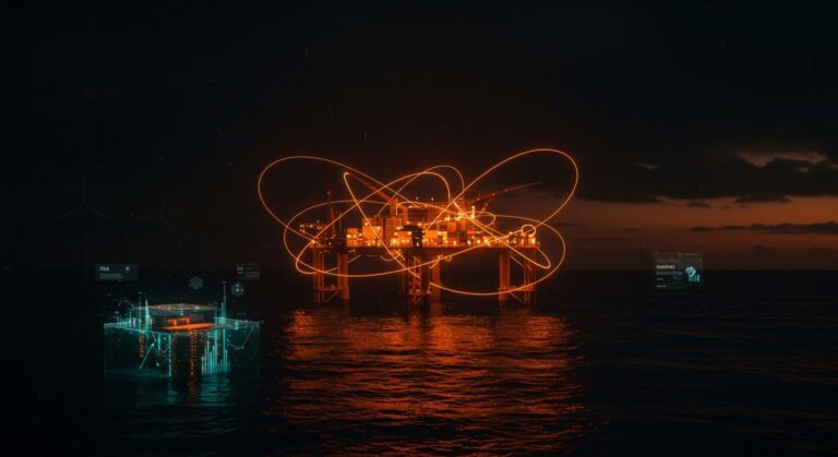 Plataforma eólica flotante con inteligencia artificial offshore en el mar, innovando en energía renovable y tecnología marítima.