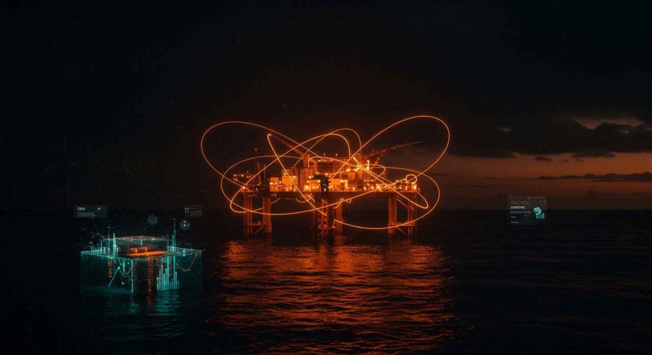 Plataforma eólica flotante con inteligencia artificial offshore en el mar, innovando en energía renovable y tecnología marítima.