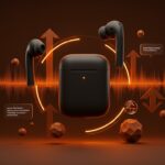 AirPods Max 2 con chip H2 y cancelación de ruido activa mejorada en fondo oscuro con acentos naranjas, destacando innovación en tecnología de audio.