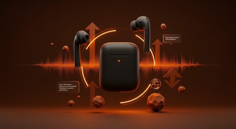 AirPods Max 2 con chip H2 y cancelación de ruido activa mejorada en fondo oscuro con acentos naranjas, destacando innovación en tecnología de audio.