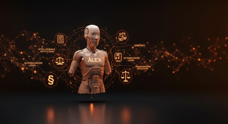 Asistente legal IA Álex de Legálitas en España representado en imagen editorial futurista con metáforas de inteligencia artificial y transformación digital en legaltech.