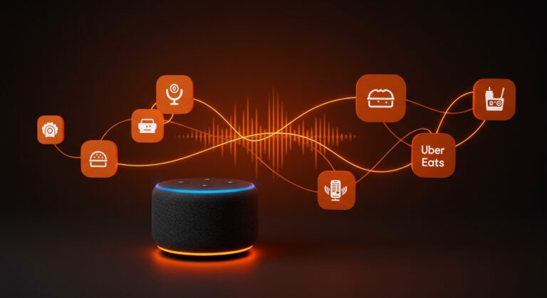Alexa interactuando mediante automatización conversacional para pedir comida en Grubhub y Uber Eats con tecnología de voz e IA en delivery.