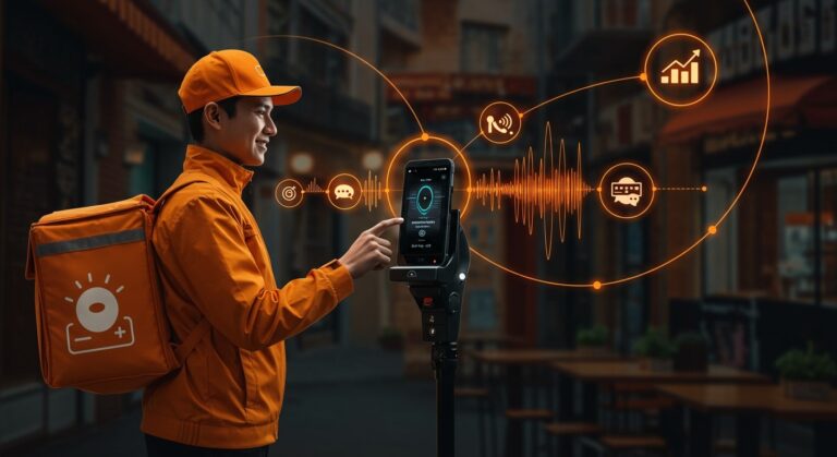 Automatización de pedidos por voz con Alexa+ en delivery mostrando interacción entre humano e inteligencia artificial para startups LATAM.