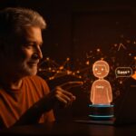 Interacción de adulto con Alexa+ modo Sassy mostrando personalidad digital personalizable y humor en asistentes de voz IA 2026.