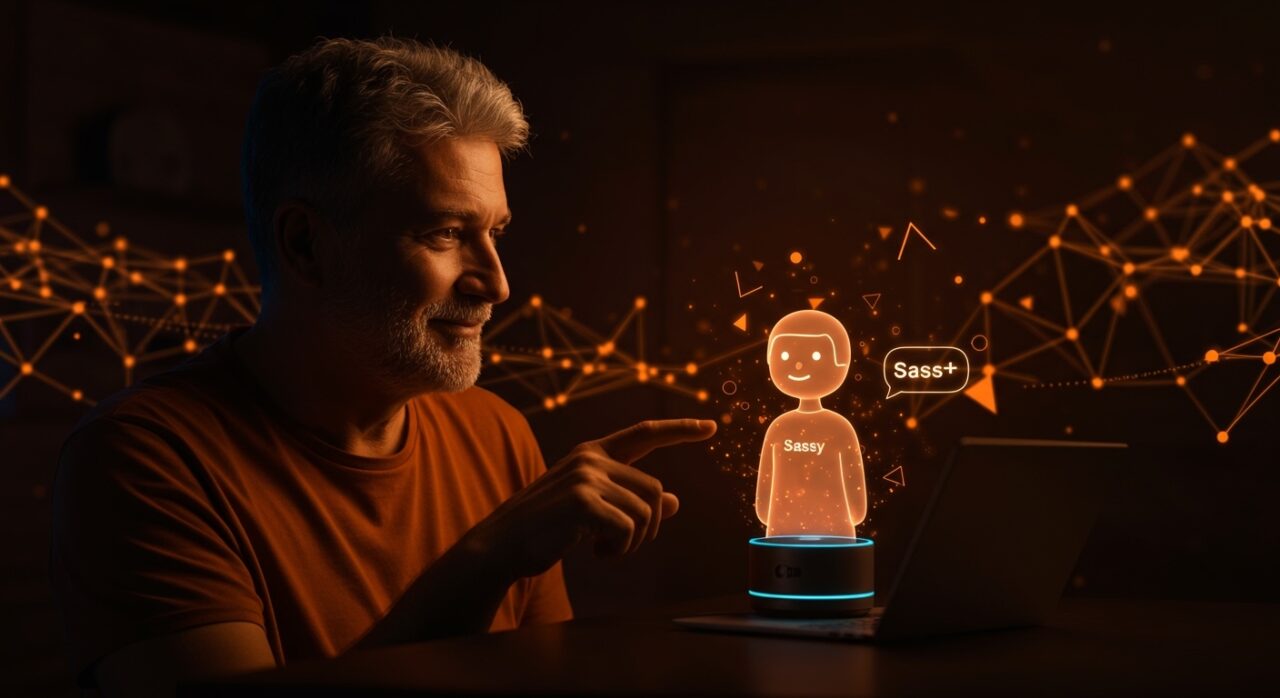 Interacción de adulto con Alexa+ modo Sassy mostrando personalidad digital personalizable y humor en asistentes de voz IA 2026.