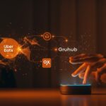 Dispositivo Alexa+ realizando pedidos por voz automatizados con IA para Uber Eats y Grubhub, destacando innovación startup LATAM en delivery.