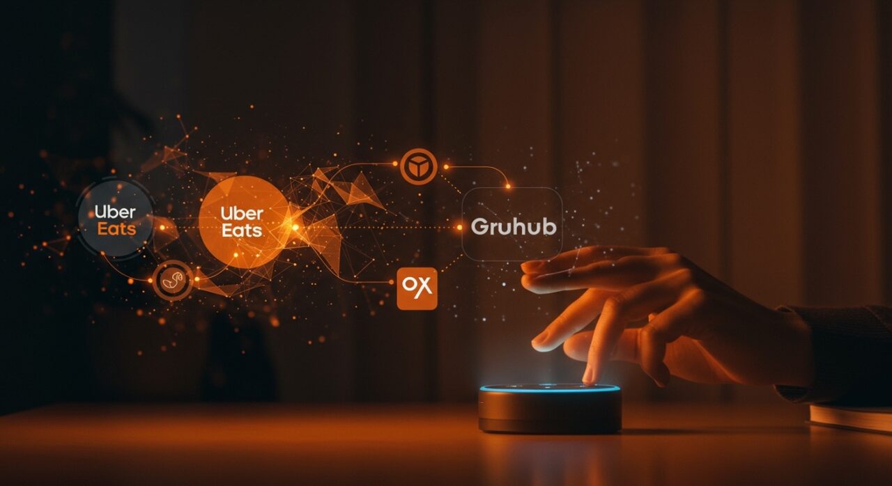 Dispositivo Alexa+ realizando pedidos por voz automatizados con IA para Uber Eats y Grubhub, destacando innovación startup LATAM en delivery.
