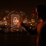 Fundador tecnológico interactuando con interfaz holográfica de Alexa+ en Londres, ilustrando oportunidades y expansión de asistentes de voz con IA en Reino Unido.