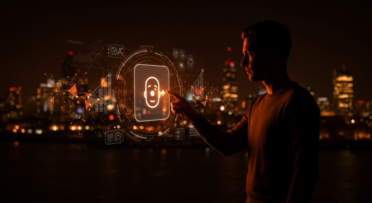 Fundador tecnológico interactuando con interfaz holográfica de Alexa+ en Londres, ilustrando oportunidades y expansión de asistentes de voz con IA en Reino Unido.