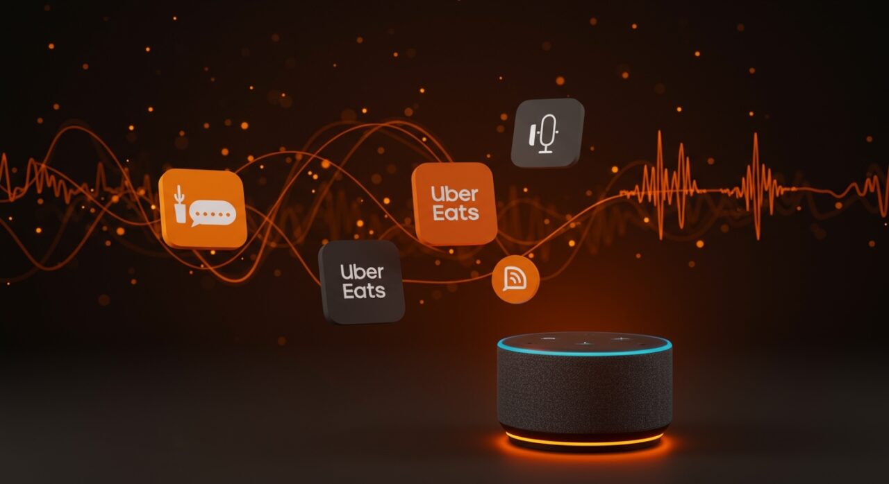 Alexa+ automatizando pedidos por voz en Uber Eats y Grubhub con inteligencia artificial conversacional, mejorando la experiencia usuario.