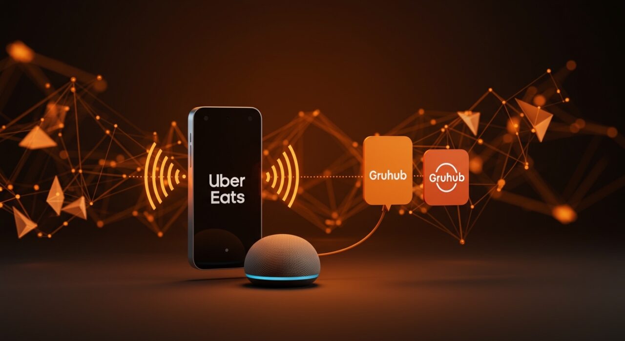 Alexa Plus integrando automatización de pedidos por voz con Uber Eats y Grubhub usando IA conversacional para startups tech en LATAM.
