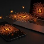 Dispositivos móviles y laptops con inteligencia artificial local resaltada en patrones abstractos, destacando privacidad y eficiencia de modelos Qwen 3.5 de Alibaba.