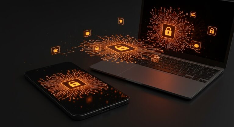 Dispositivos móviles y laptops con inteligencia artificial local resaltada en patrones abstractos, destacando privacidad y eficiencia de modelos Qwen 3.5 de Alibaba.