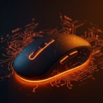 Logitech mouse con memoria interna iluminada y hologramas de código que representan hacks y automatización en hardware y software.