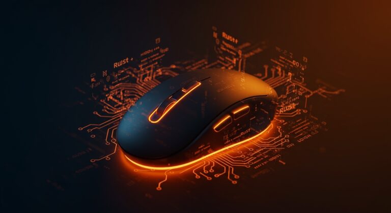 Logitech mouse con memoria interna iluminada y hologramas de código que representan hacks y automatización en hardware y software.