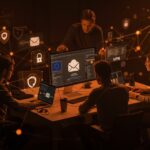 Tecnólogos colaborando con servicios europeos seguros de email, cloud y VPN, destacando soberanía tecnológica para founders tech en startups LATAM.