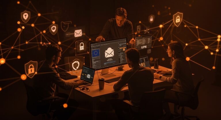 Tecnólogos colaborando con servicios europeos seguros de email, cloud y VPN, destacando soberanía tecnológica para founders tech en startups LATAM.