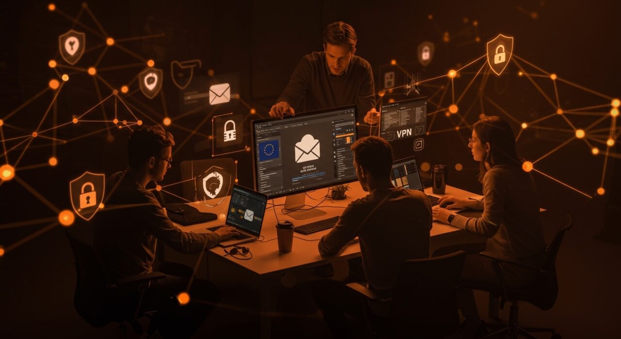 Tecnólogos colaborando con servicios europeos seguros de email, cloud y VPN, destacando soberanía tecnológica para founders tech en startups LATAM.