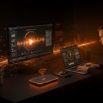 Alternativas inalámbricas al HDMI con alta calidad audiovisual en entorno de startup tecnológico en paleta naranja y negro.