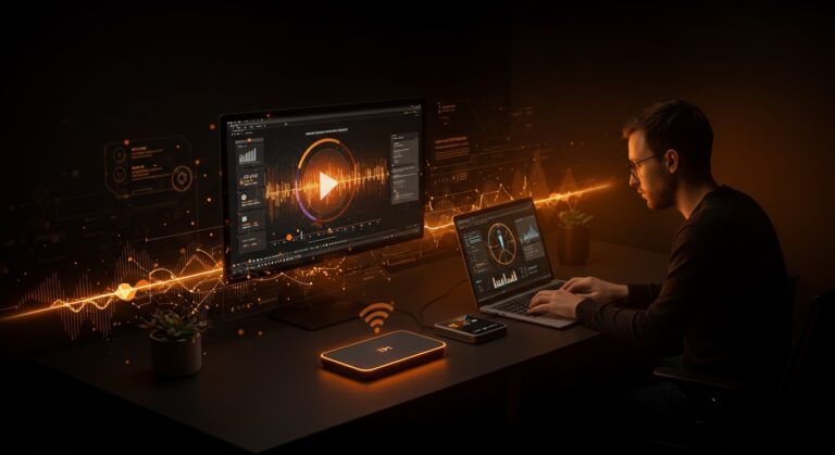 Alternativas inalámbricas al HDMI con alta calidad audiovisual en entorno de startup tecnológico en paleta naranja y negro.