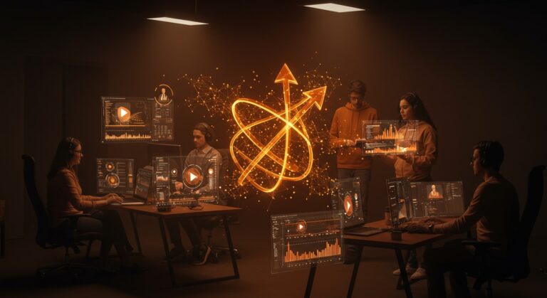 Herramientas de inteligencia artificial para creación y automatización de videos visualizadas en un entorno colaborativo de startups y creators.