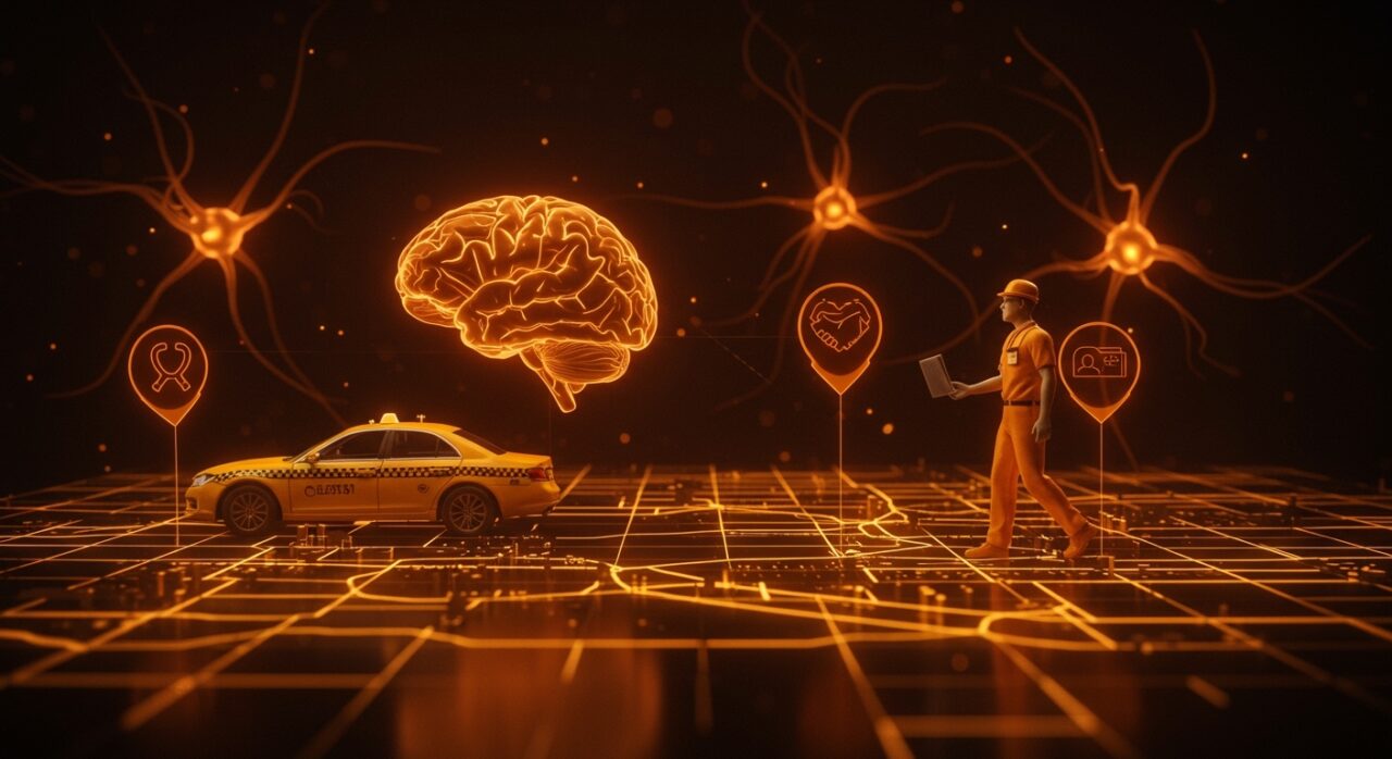 Taxistas y paramédicos en un entorno digital representando navegación espacial y salud laboral vinculada a Alzheimer, insights para startups healthtech.