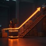 Robot autónomo subiendo escaleras en un almacén, simbolizando avances en robótica y automatización logística de Amazon y Rivr.