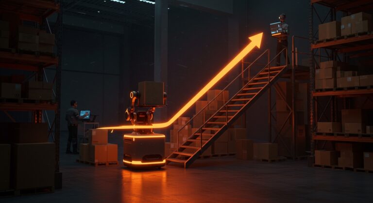 Robot autónomo subiendo escaleras en un almacén, simbolizando avances en robótica y automatización logística de Amazon y Rivr.
