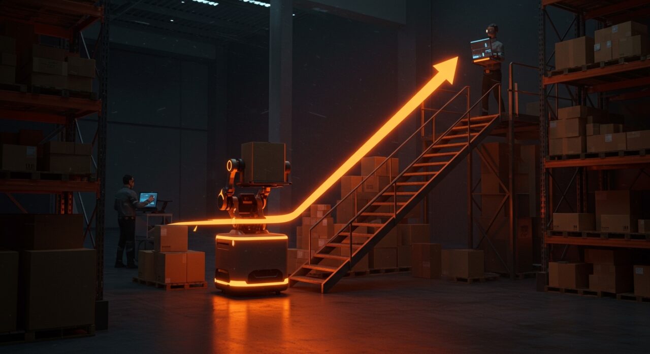 Robot autónomo subiendo escaleras en un almacén, simbolizando avances en robótica y automatización logística de Amazon y Rivr.