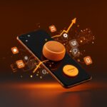 Smartphone futurista iluminado en tonos naranja y negro con icono de Alexa, representando la innovación de Amazon en tecnología y ecosistema digital en 2026.