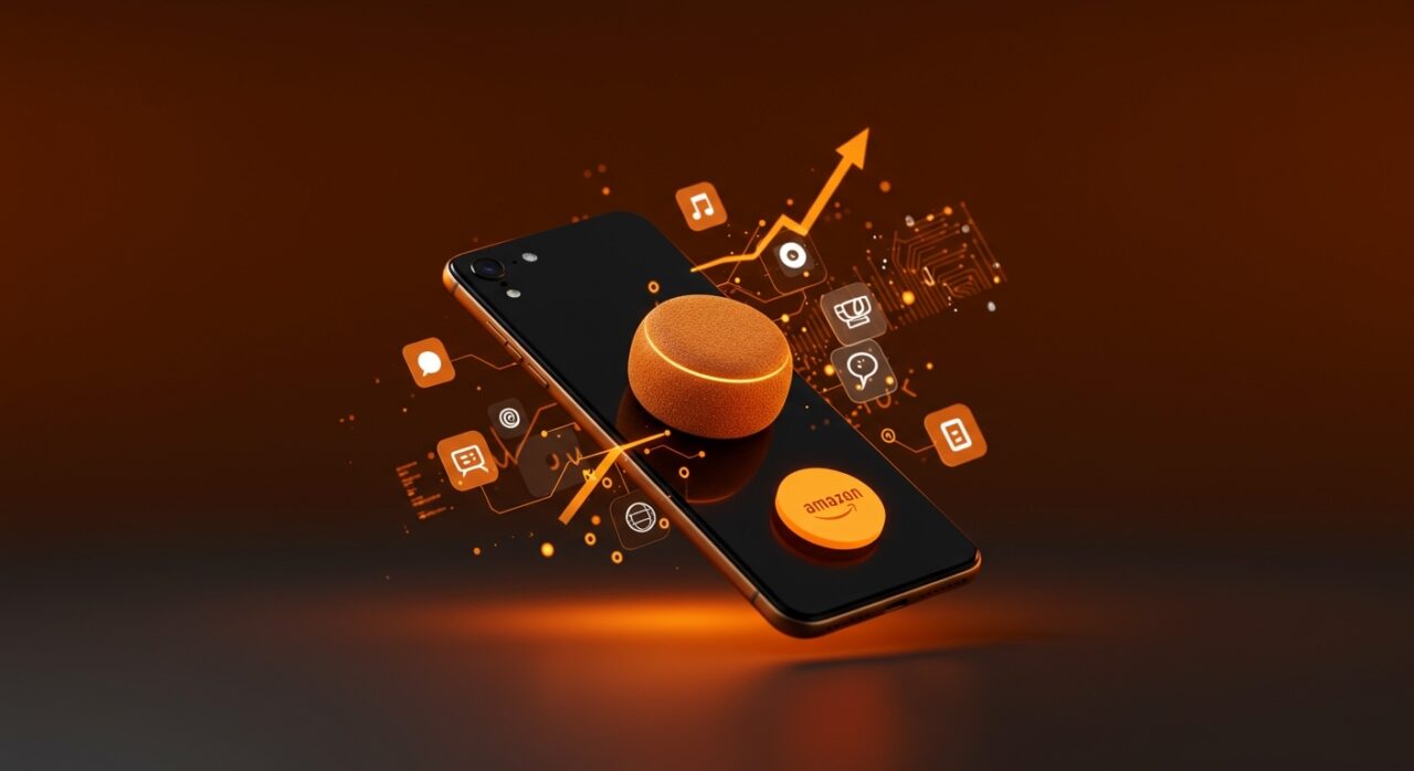 Smartphone futurista iluminado en tonos naranja y negro con icono de Alexa, representando la innovación de Amazon en tecnología y ecosistema digital en 2026.