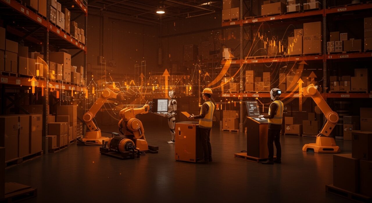 Robots humanoides y humanos colaborando en automatización avanzada, reflejando la estrategia innovadora de Amazon y Fauna Robotics en el mercado tecnológico.