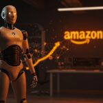 Robot humanoide futurista en laboratorio tecnológico simbolizando la adquisición de Fauna Robotics por Amazon y la innovación en robótica e IA.