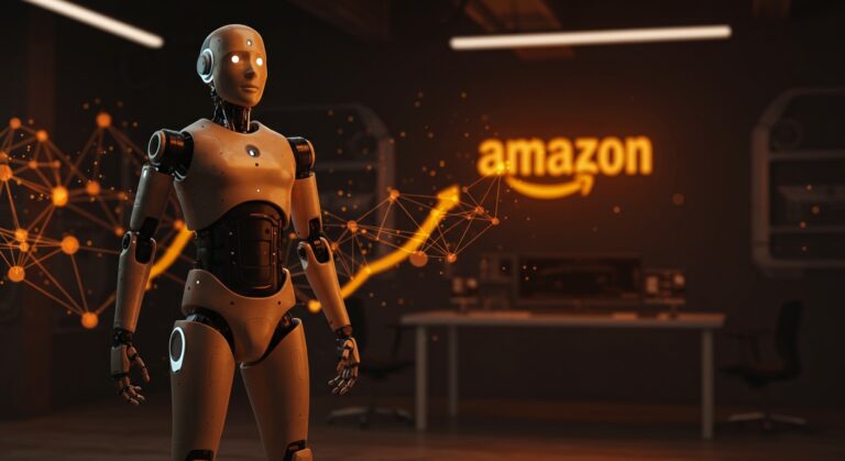Robot humanoide futurista en laboratorio tecnológico simbolizando la adquisición de Fauna Robotics por Amazon y la innovación en robótica e IA.