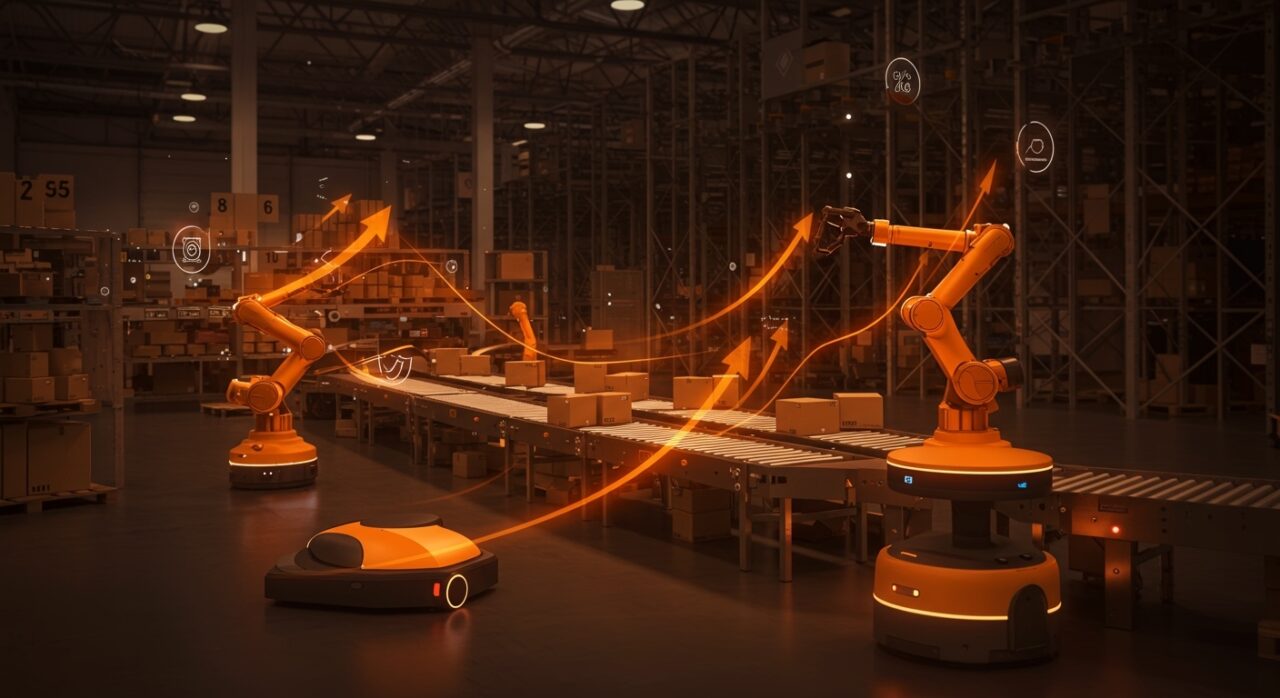 Robots de reparto autónomos en centro logístico de Amazon, simbolizando automatización y tecnología avanzada en la cadena de suministro.