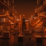 Automatización robótica en logística liderada por Amazon con robots organizando paquetes y un fundador tecnológico observando.