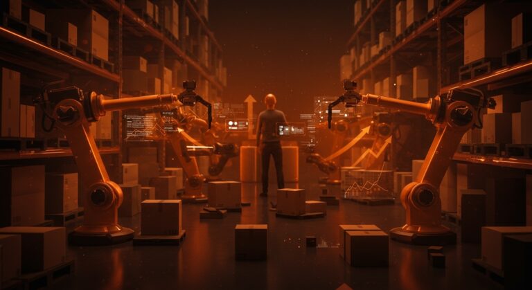 Automatización robótica en logística liderada por Amazon con robots organizando paquetes y un fundador tecnológico observando.