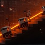 Robots autónomos de reparto subiendo escaleras en ciudad, representando la automatización de la última milla tras adquisición de startup suiza por Amazon.