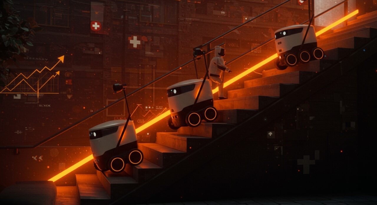 Robots autónomos de reparto subiendo escaleras en ciudad, representando la automatización de la última milla tras adquisición de startup suiza por Amazon.
