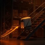 Robot autónomo de entrega escalando escaleras en almacén automatizado, simbolizando la automatización logística avanzada y la tecnología IA aplicada por Amazon.