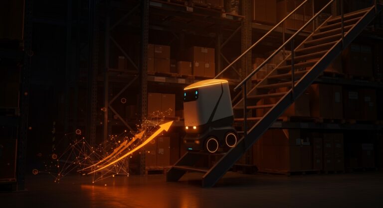 Robot autónomo de entrega escalando escaleras en almacén automatizado, simbolizando la automatización logística avanzada y la tecnología IA aplicada por Amazon.